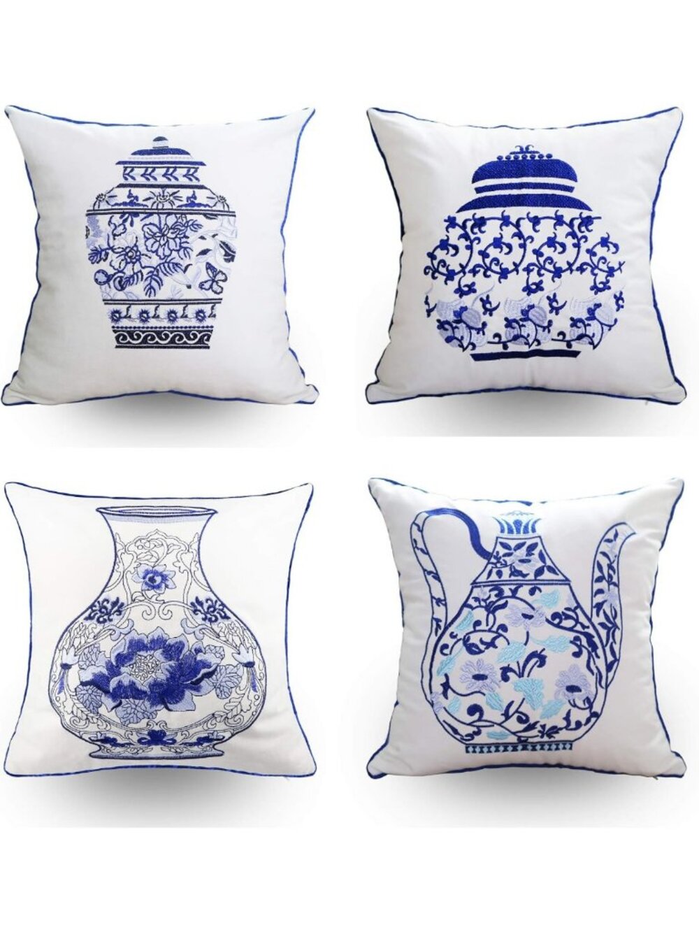 Set of 4 Decorative 18x18 Embroidery Throw Pillow Covers - Cotton Couch Cushions